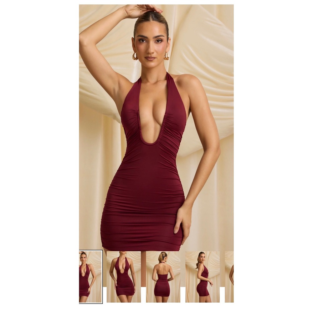 Oh Polly Wine Red Ruched Halter Neck Plunge Mini Dress NWT US 8